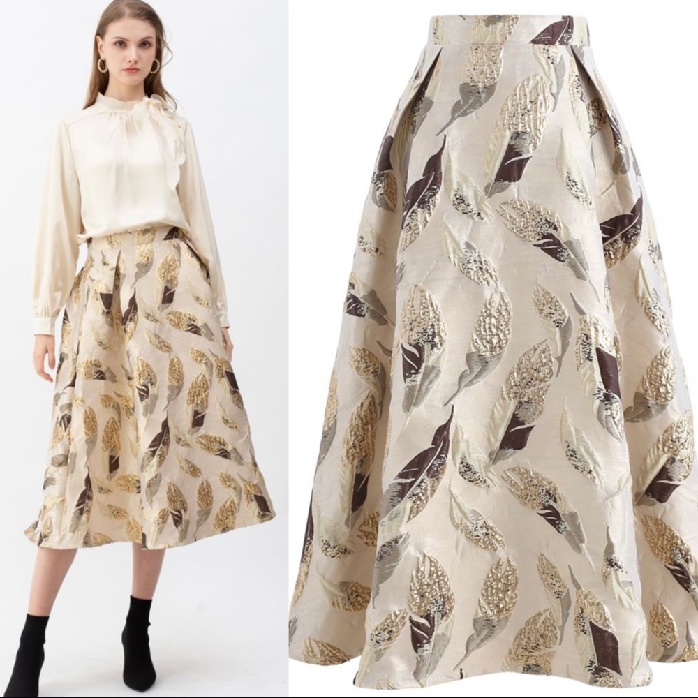Chic Wish Golden Leaves Jacquard Pleated A-Line Midi Skirt Women’s Size Large